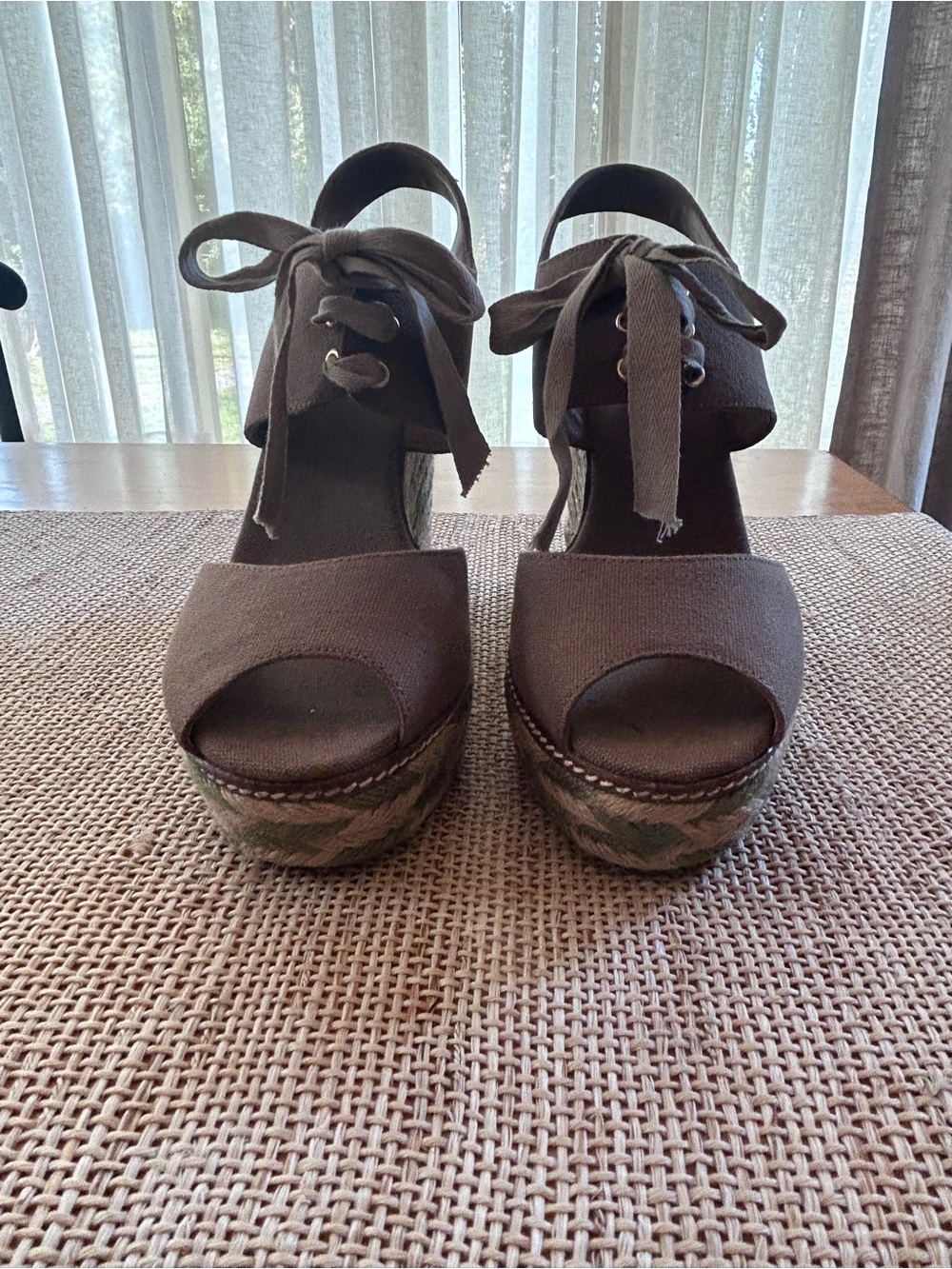 Tory Burch Wedge Sandals w/Brown Canvas,Peep Toe,Slingback & LaceUp Detail. 11